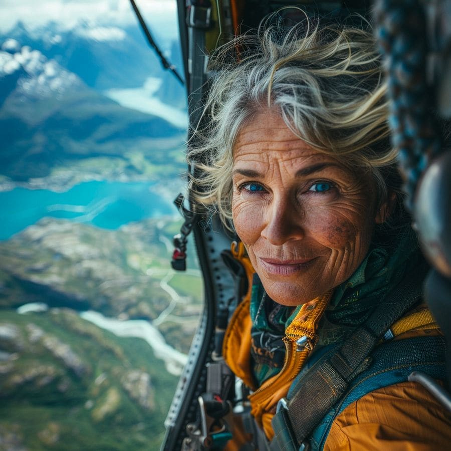 Woman in an open helicopter door above a Norwegian fjord landscape