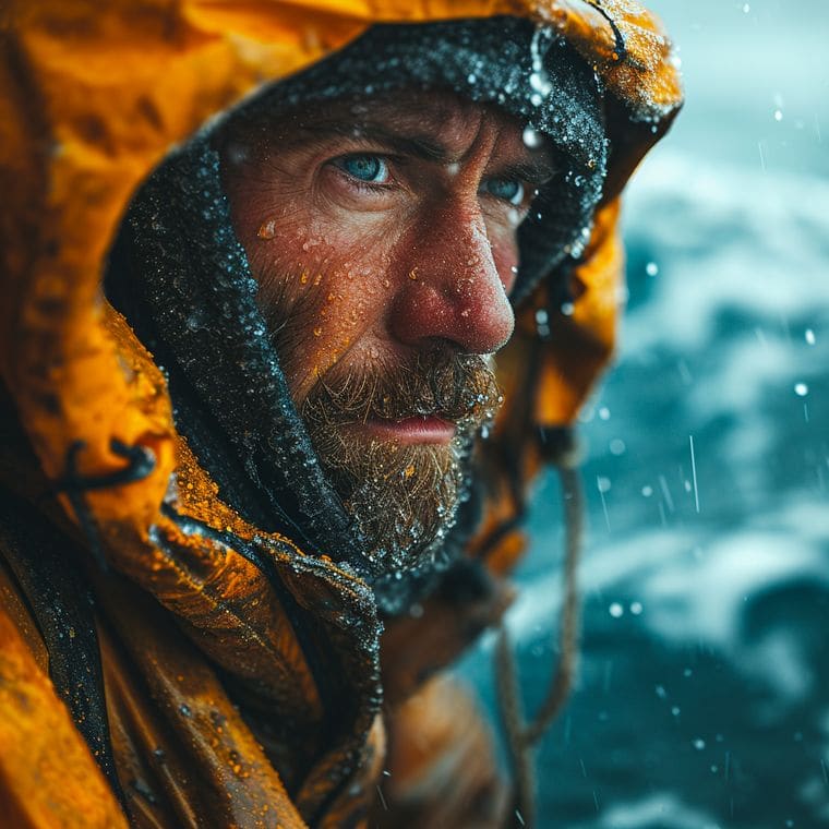 Person in waterproofs in rough weather at sea